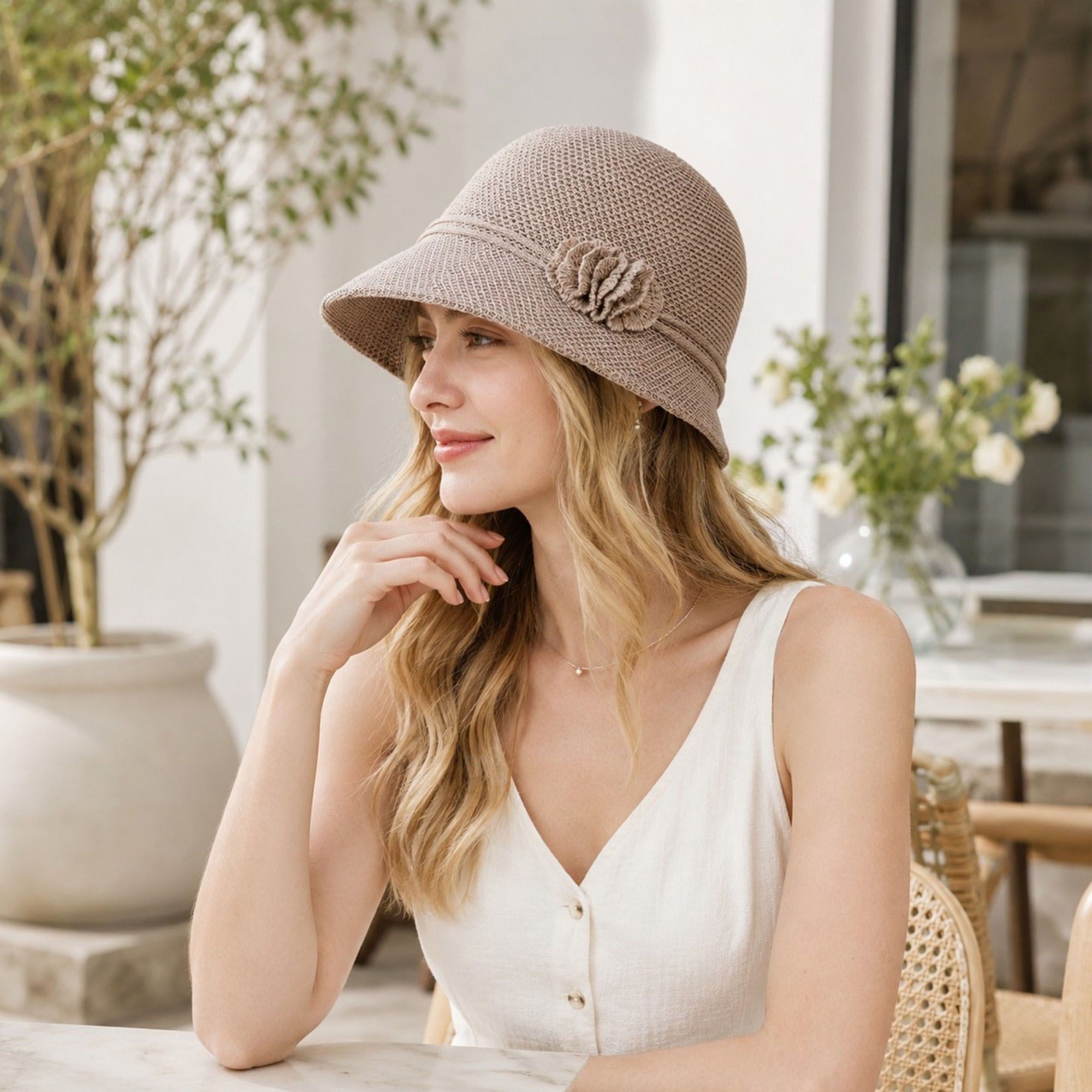 Woven Cloche Sun Hat with Floral Accent and Short Brim