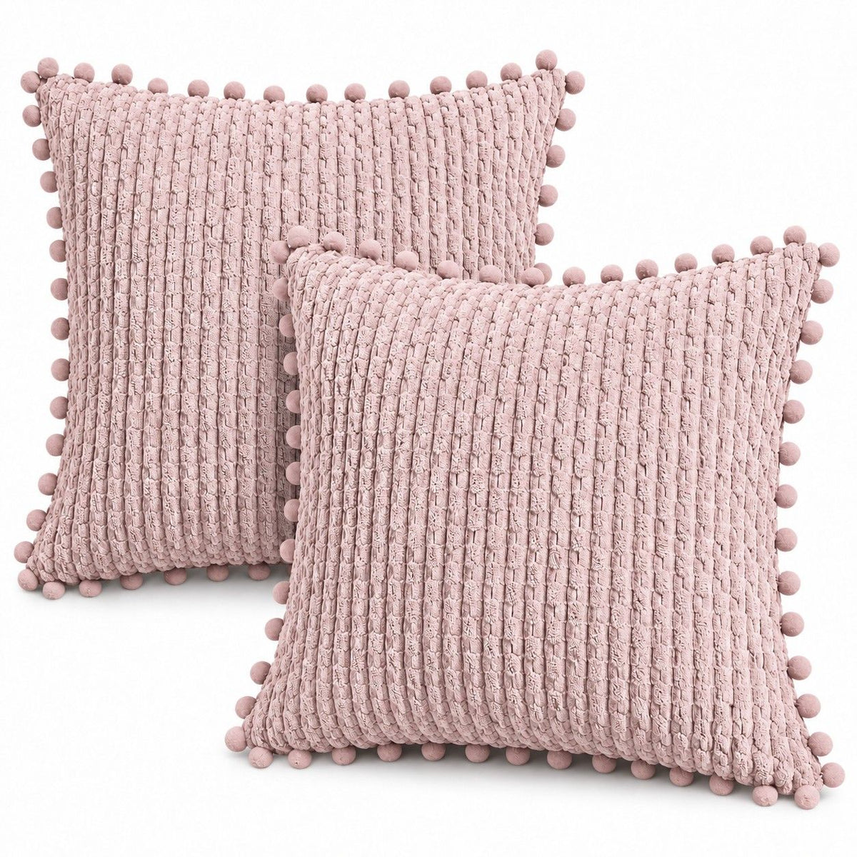 2 Pack Double Sided Corduroy Throw Pillow Covers 18 x 18 Inch with Pom Pom Trim