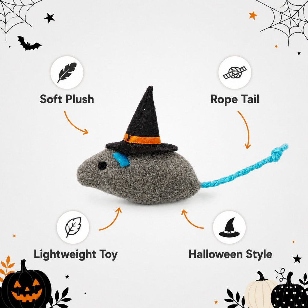 Halloween Witch Mouse Cat Toy with Soft Plush Body and Rope Tail