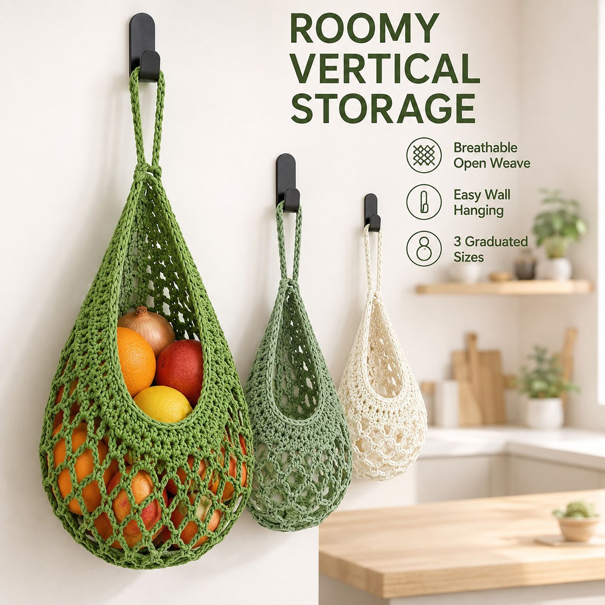 3pc Crochet Hanging Storage Basket Set Small Medium Large Wall Organizer Bins