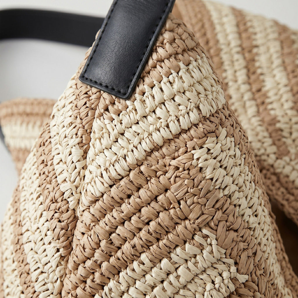 Woven Crochet Hobo Bag with Striped Pattern Slouchy Shoulder Handbag Lightweight Knit Tote