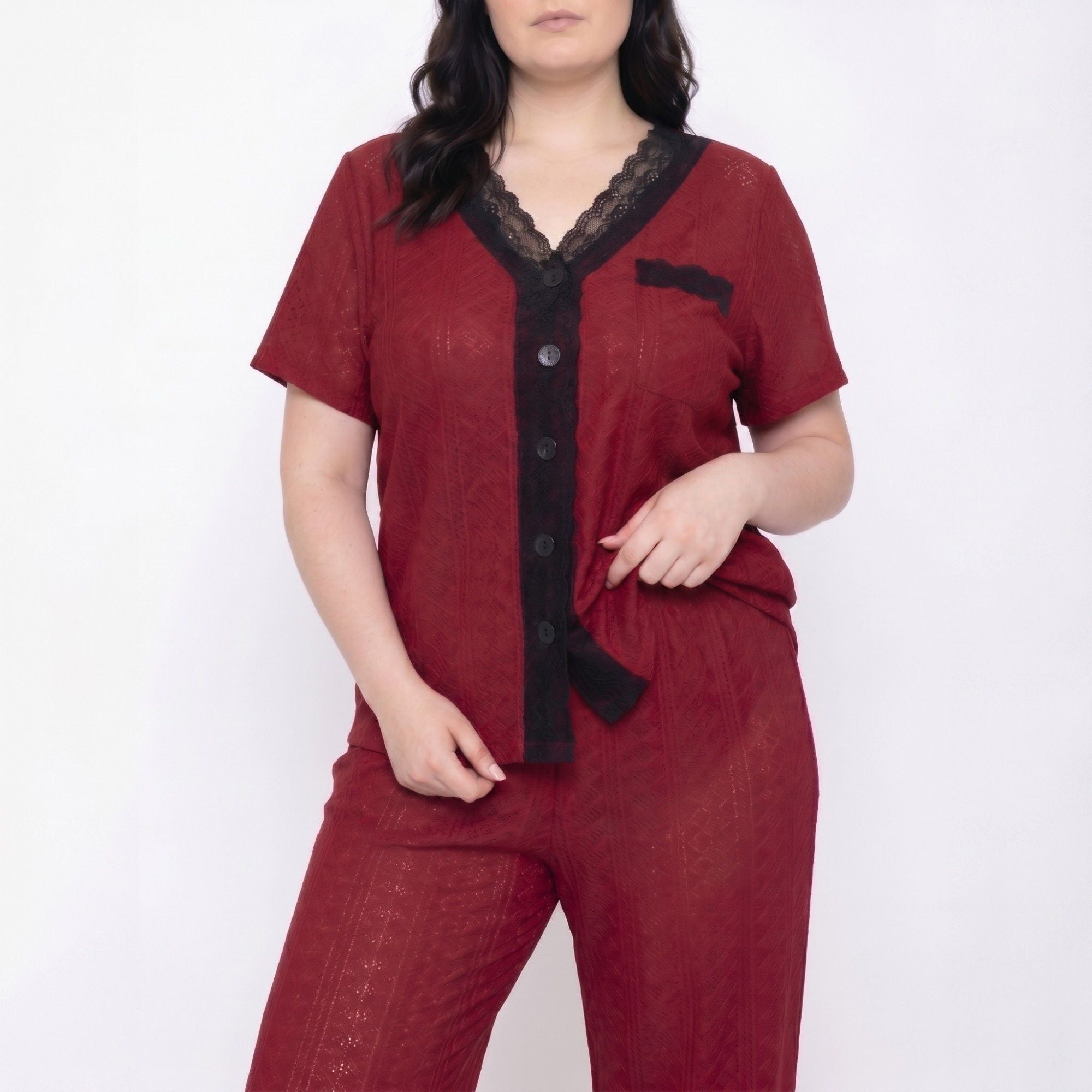 Plus Size 2-Piece Pointelle Button Front Short Sleeve Pajama Top and Pants Set with Lace Trim