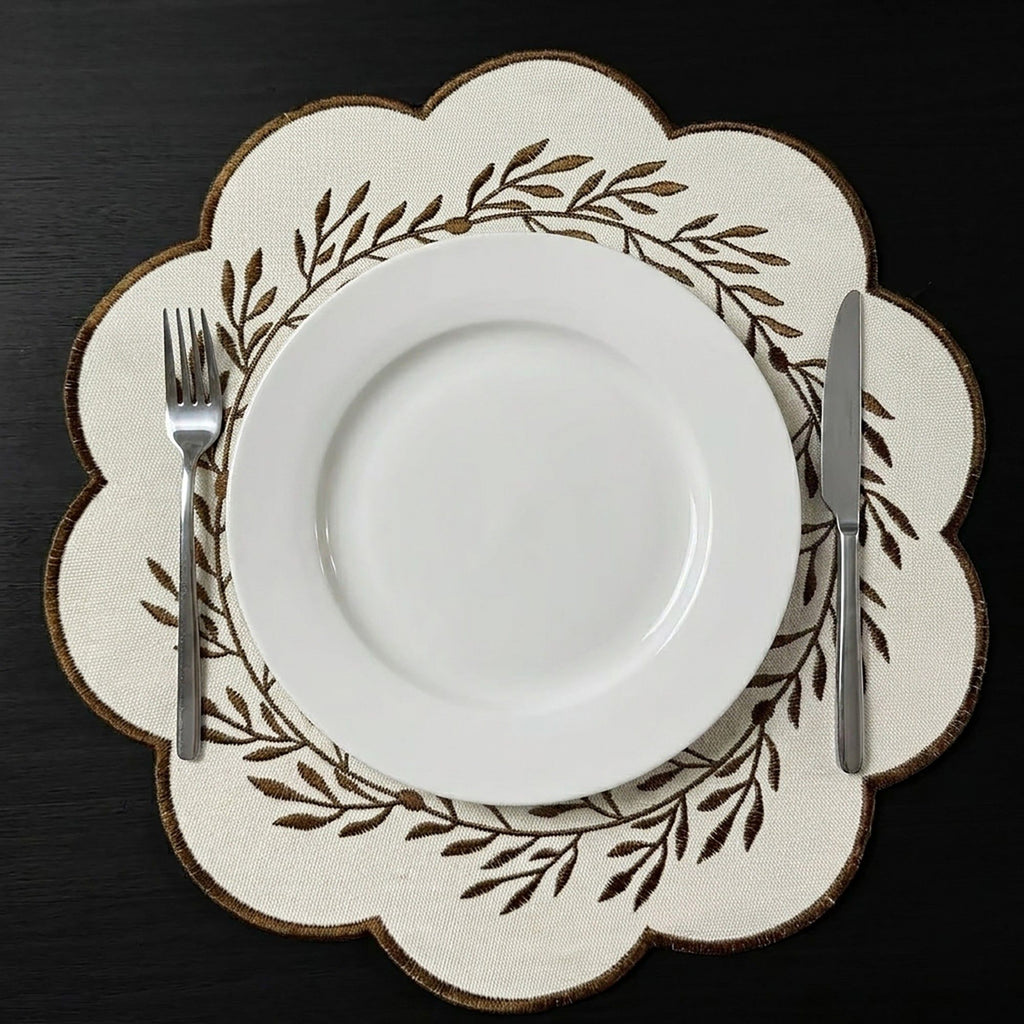 4 Piece Embroidered Floral Placemat Set Scalloped Edge Linen Look Table Mats for Dining Table