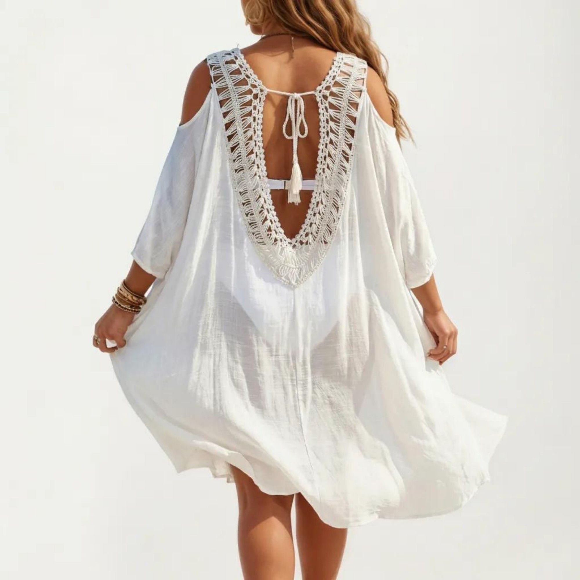 Anna-Kaci Women's Crochet V Neck Swim Cover Up Dress with Cold Shoulder Sleeves and Relaxed Fit