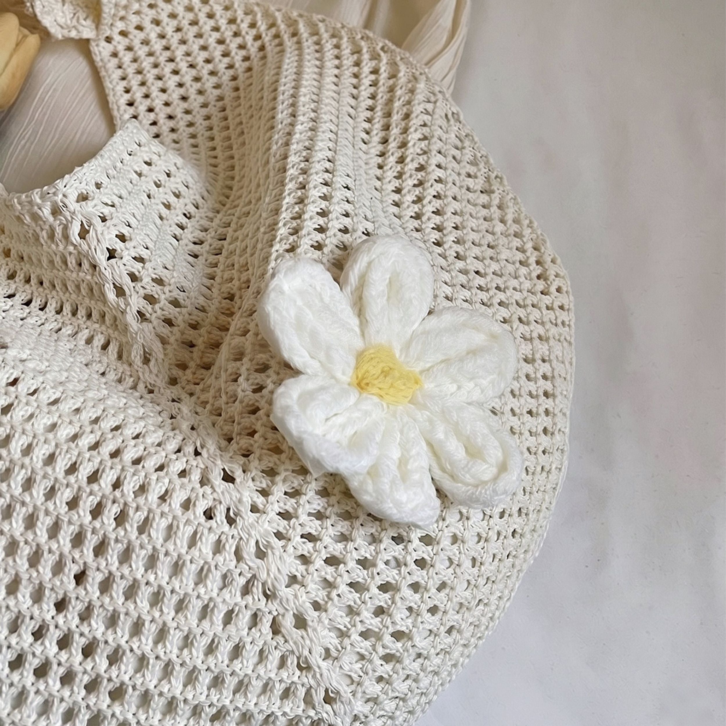 Woven Crochet Hobo Shoulder Bag Lightweight Knit Slouchy Tote with Flower Detail