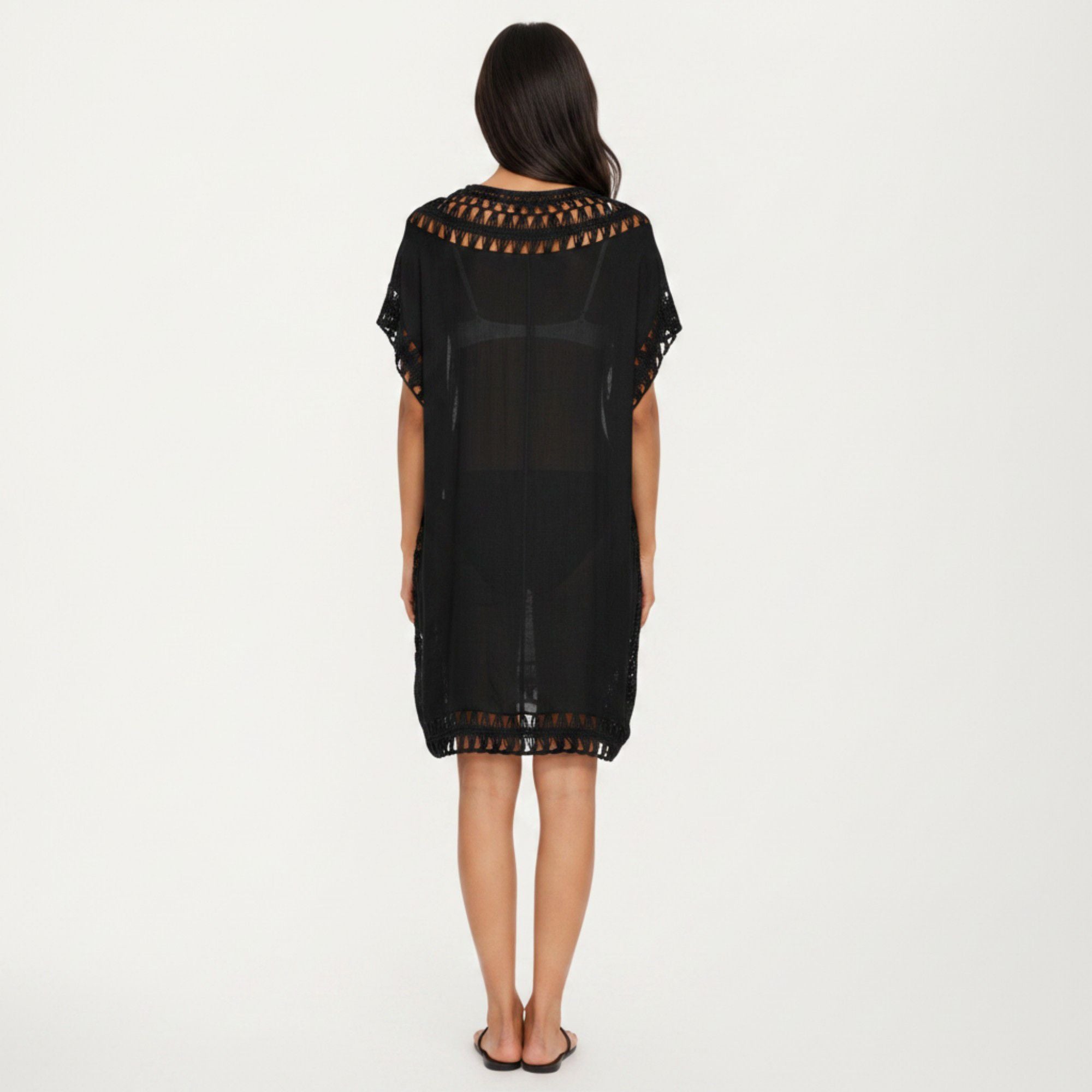 Anna-Kaci Women's Swim Cover Up Dress with Crochet Trim Short Sleeves Relaxed Lightweight Beach Caftan
