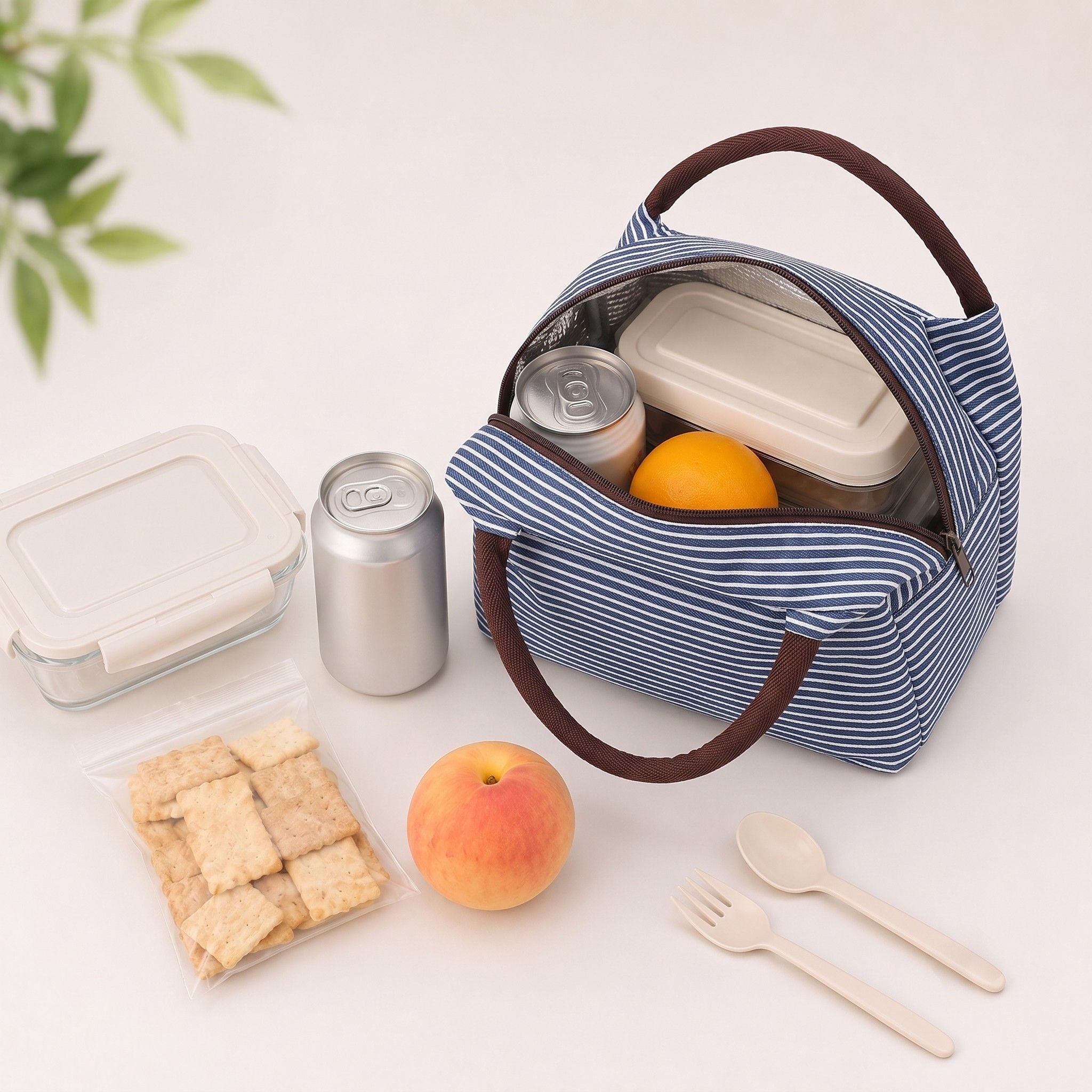 Insulated Striped Lunch Bag Reusable Soft Cooler Tote for Work School Picnic