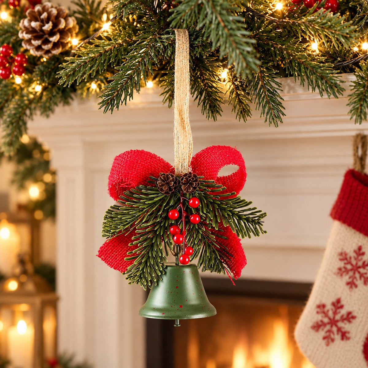 Christmas Bell Ornament with Bow Pinecones Berries and Greenery