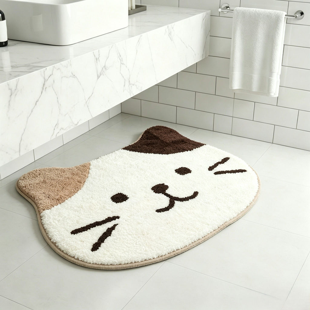 Cute Cat Head Shaped Bathroom Floor Mat Soft Water Absorbent with Anti-Slip Base