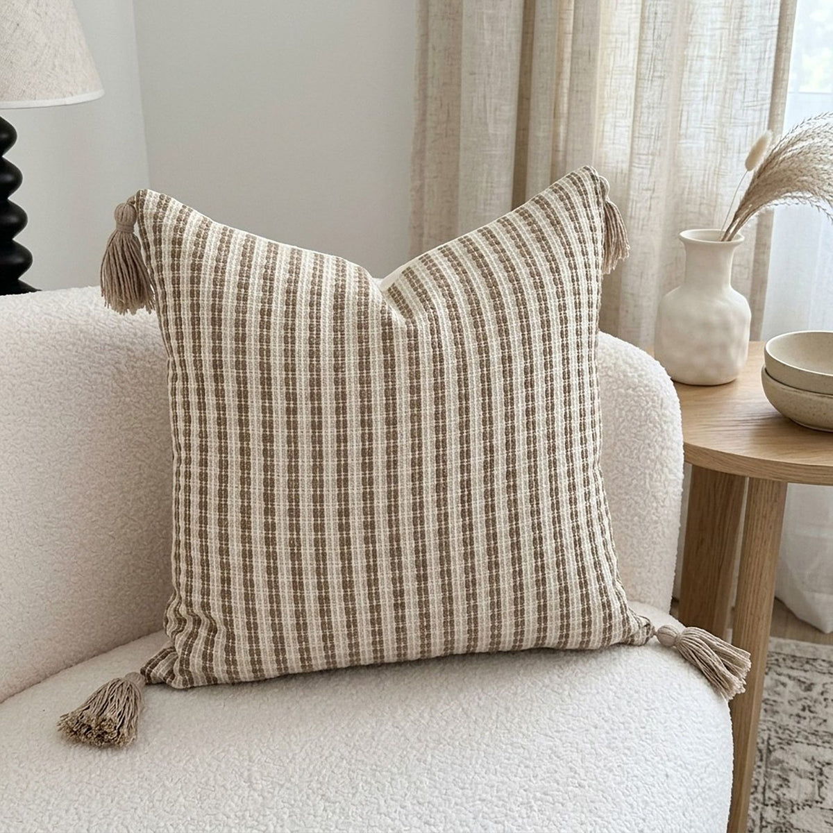 Textured Striped Square Decorative Throw Pillow Cover with Corner Tassels