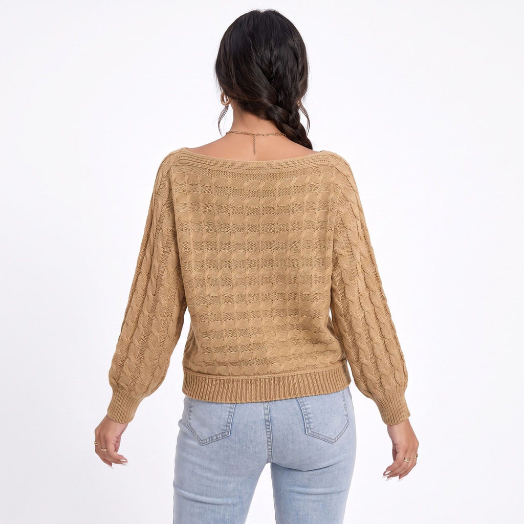 Boat Neck Cable Knit Long Sleeve Pullover Sweater