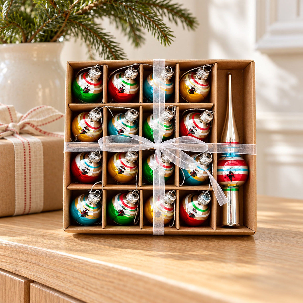 17 Piece Mini Christmas Ball Ornaments and Tree Topper Set Gift