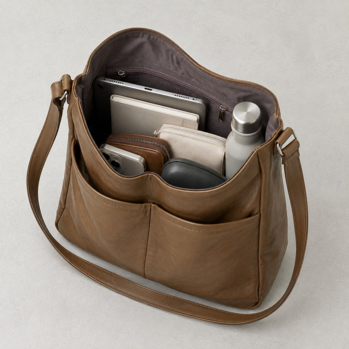 Soft Faux Leather Hobo Shoulder Bag with Front Pockets