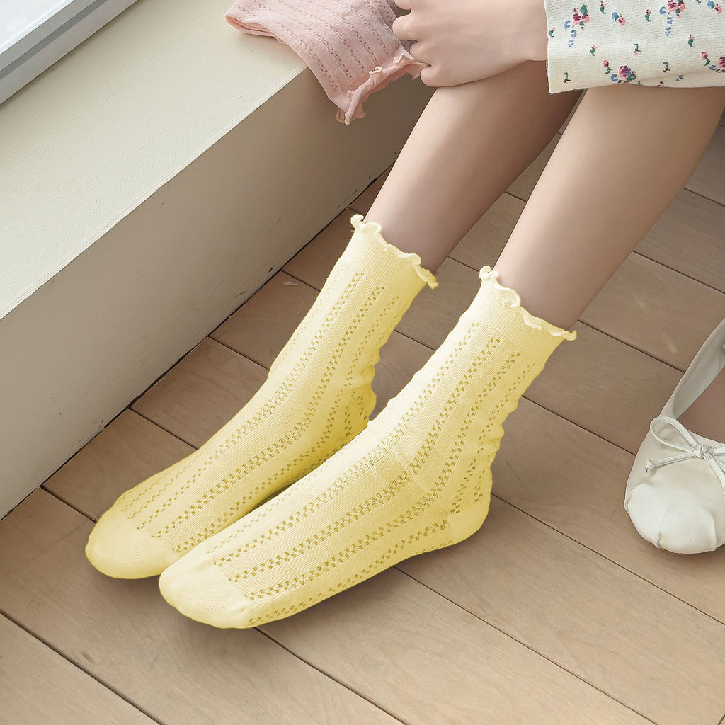 Anna-Kaci Women's Adorable Ruffled Lace-Up Socks Wicking Cotton for Casual Comfort 3 Pairs