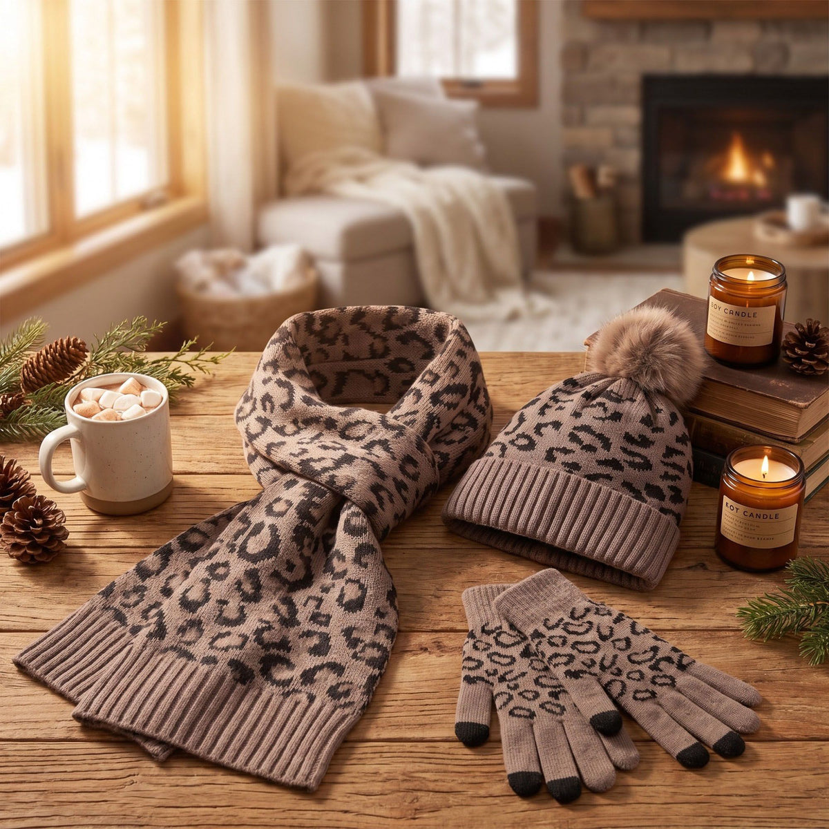 3 Piece Leopard Print Pom Beanie Scarf and Touchscreen Gloves Set