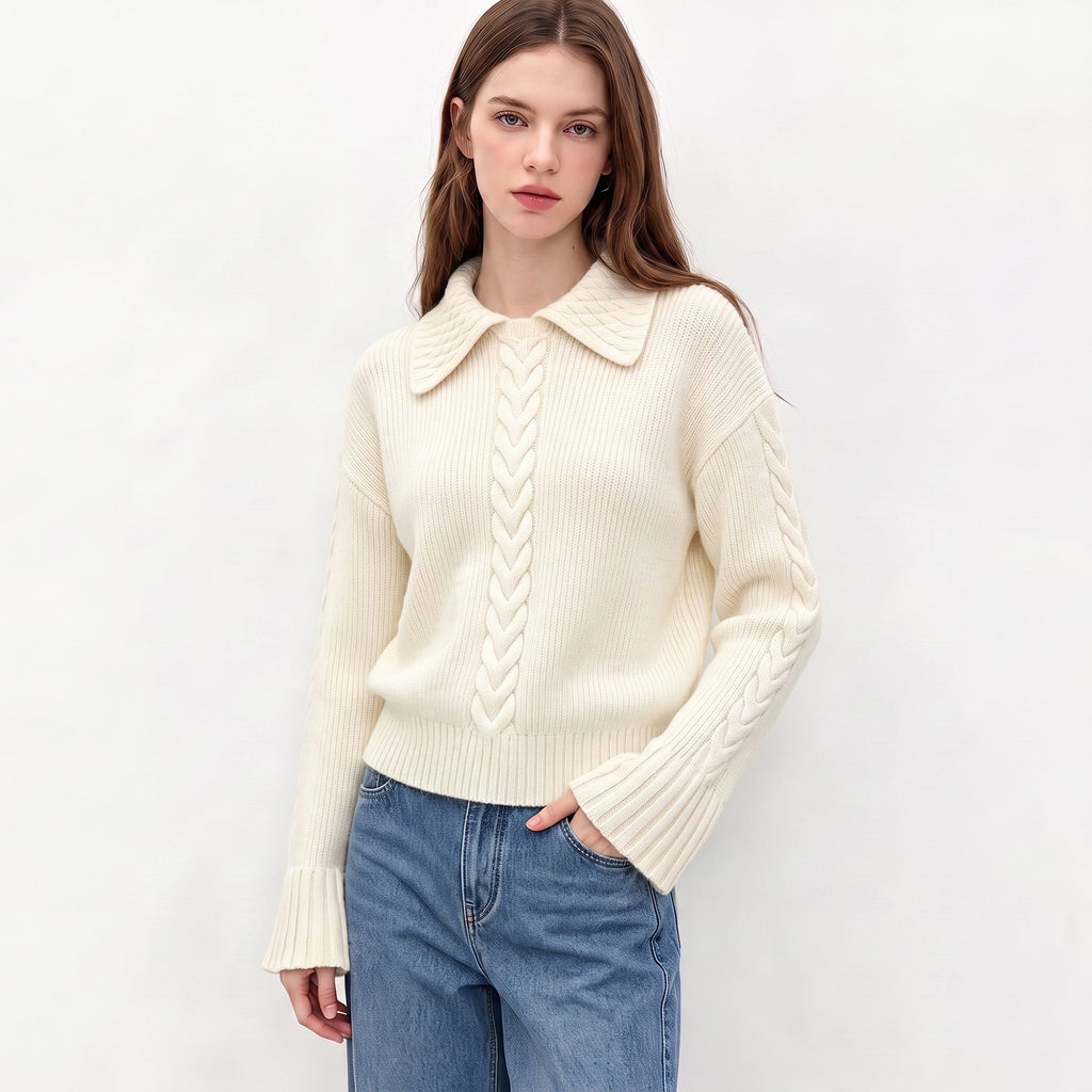 Cable Knit Collared Sweater with Flared Cuffs