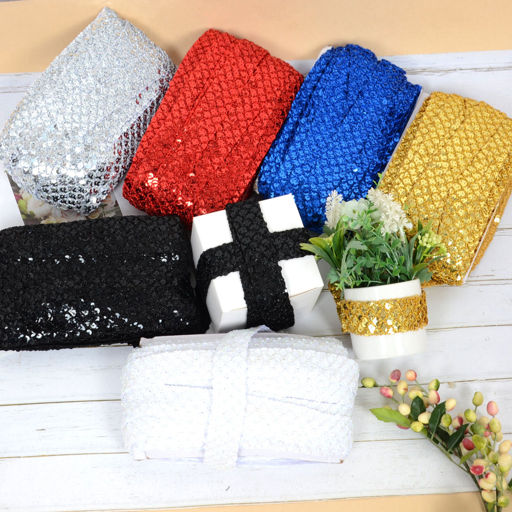 Sewing Sequin Trim 1.2 Inch 6 Row, 25 Yards Glitter Sequin Strip Ribbon Metallic Stretch Bling Fabric DIY Craft Decoration