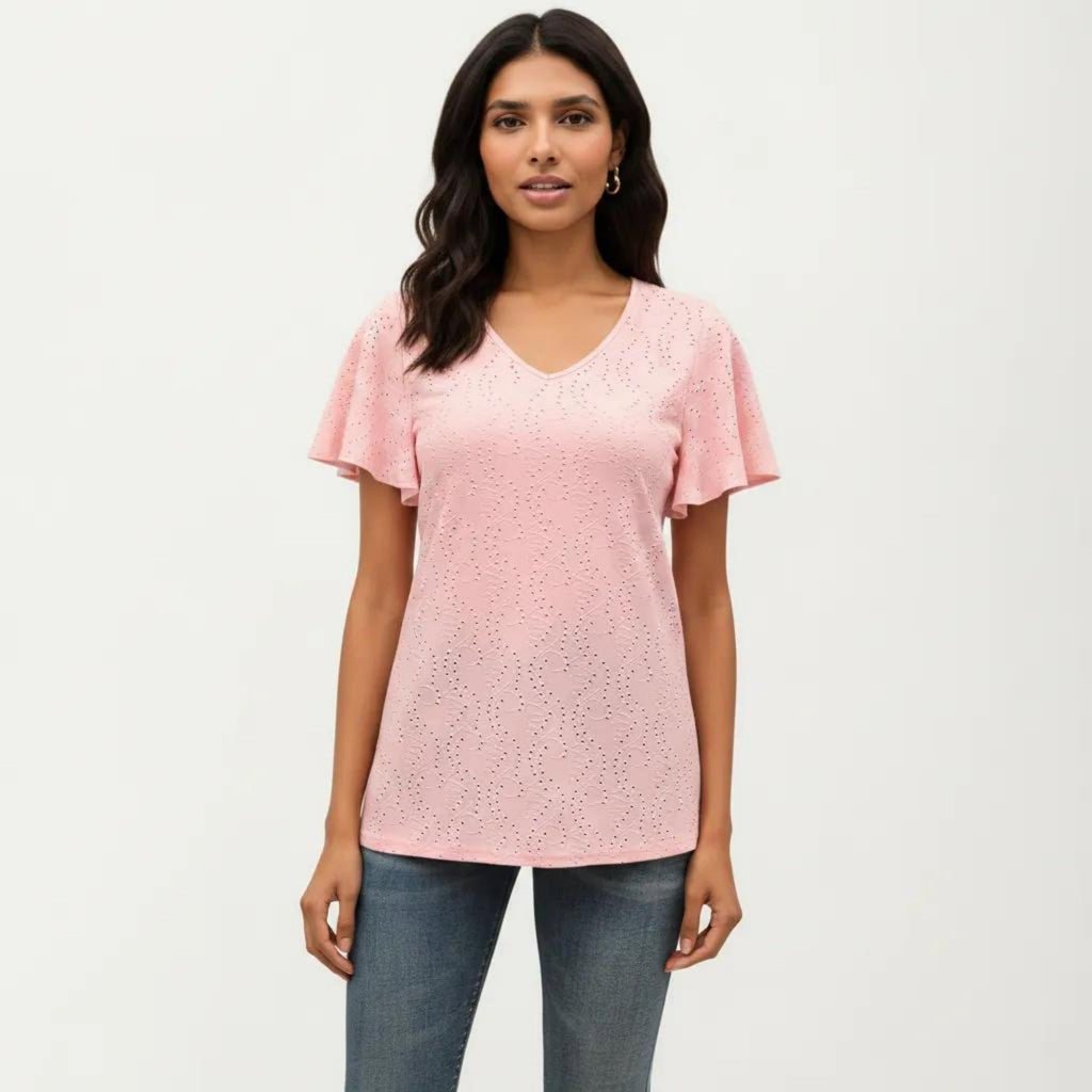 Anna-Kaci Women's Short Sleeve Eyelet V-Neck Top with Floral Embroidery and Flutter Sleeves
