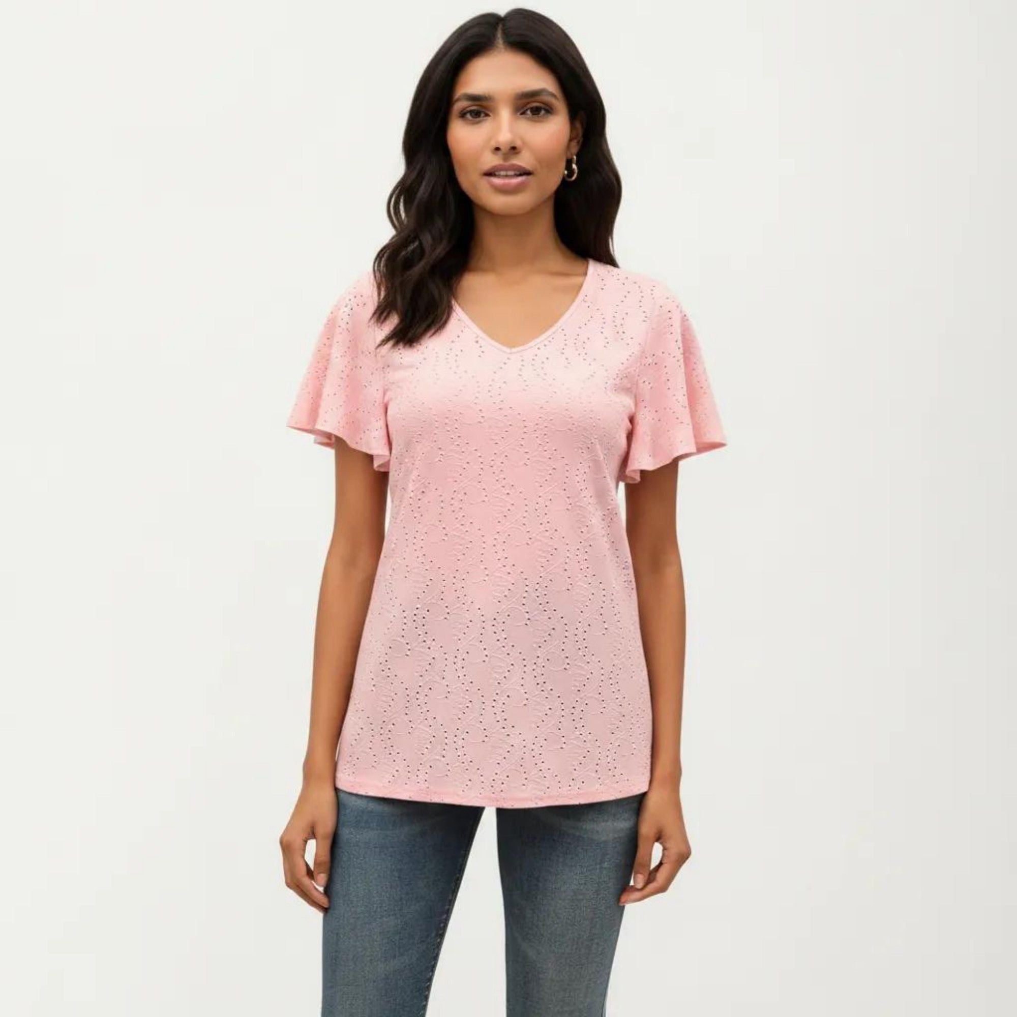 Anna-Kaci Women's Short Sleeve Eyelet V-Neck Top with Floral Embroidery and Flutter Sleeves