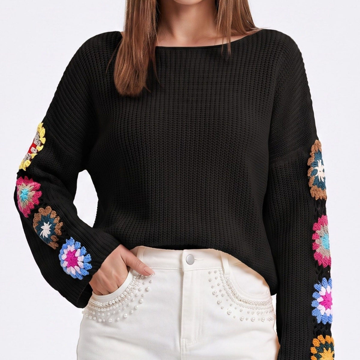 Crochet Floral Sleeve Knit Pullover Sweater with Long Sleeves