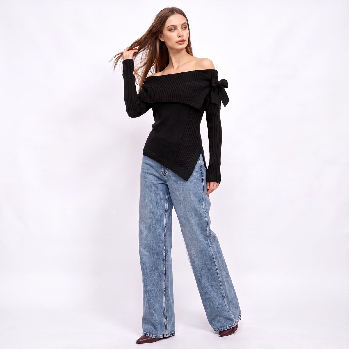 Off Shoulder Bow Asymmetrical Knit Sweater