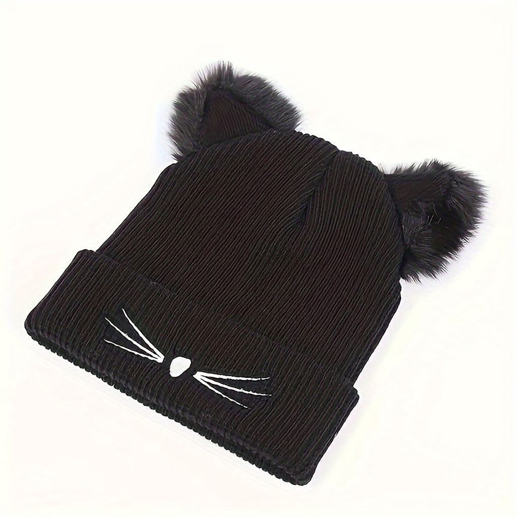 Anna-Kaci Women's Cat Ear Knit Beanie - Faux Fur Ears with Valentine Heart Whisker Embroidery for Cute Casual Winter Wear