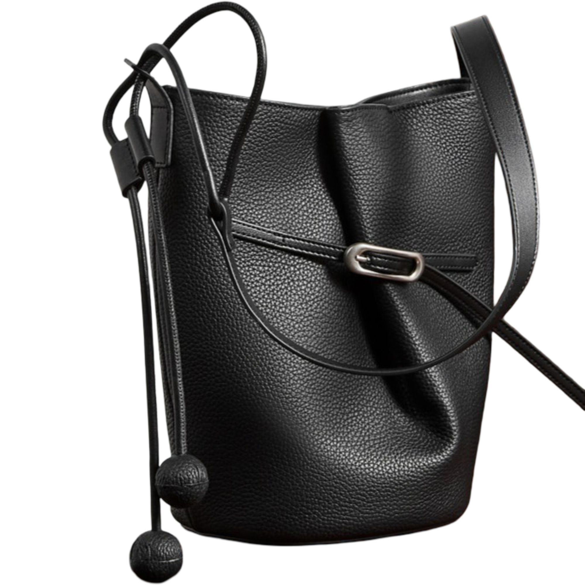 Pebbled Leather Bucket Shoulder Tote with Adjustable Buckle Accent and Open Top Design