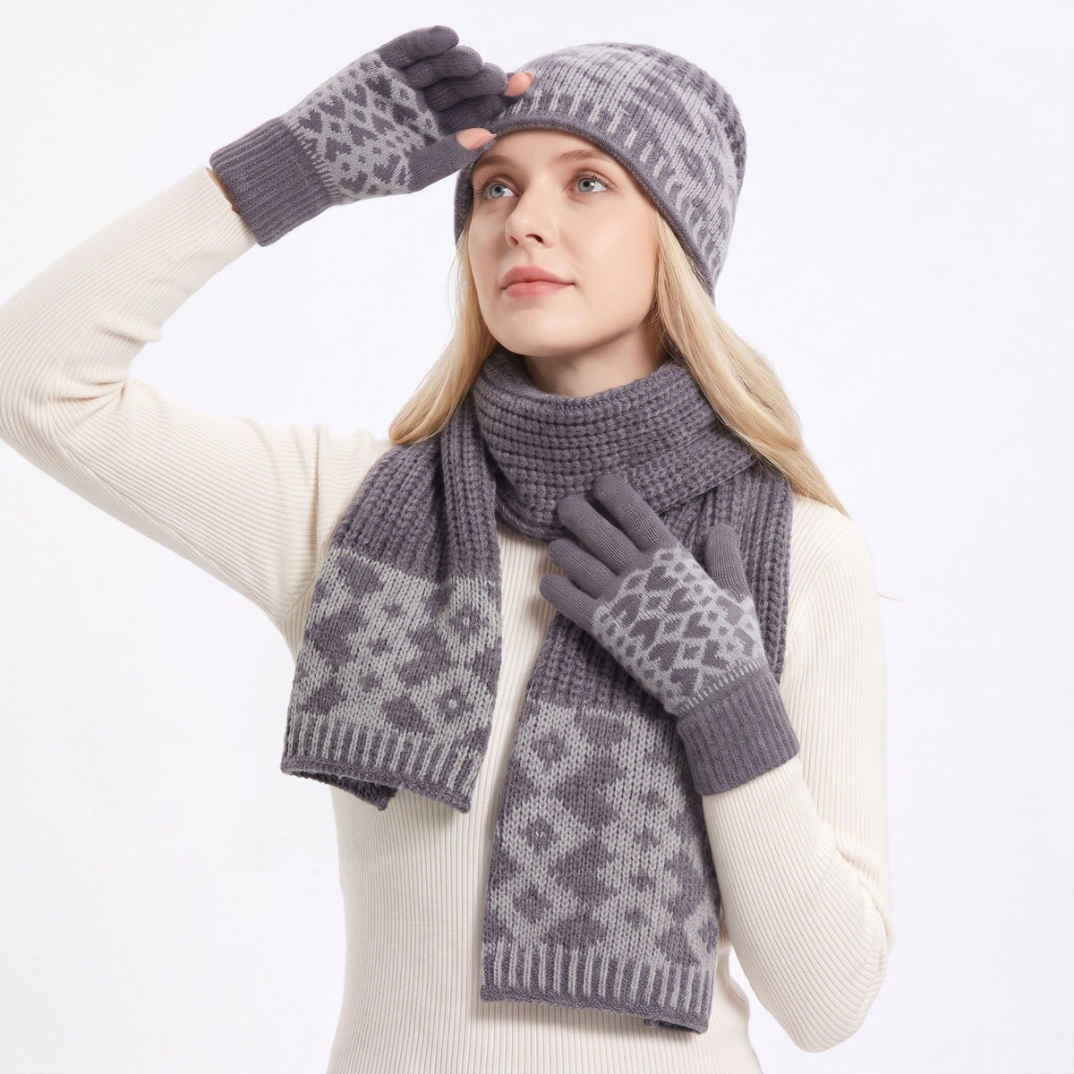 3 Piece Knit Winter Hat Scarf and Gloves Set with Geometric Pattern