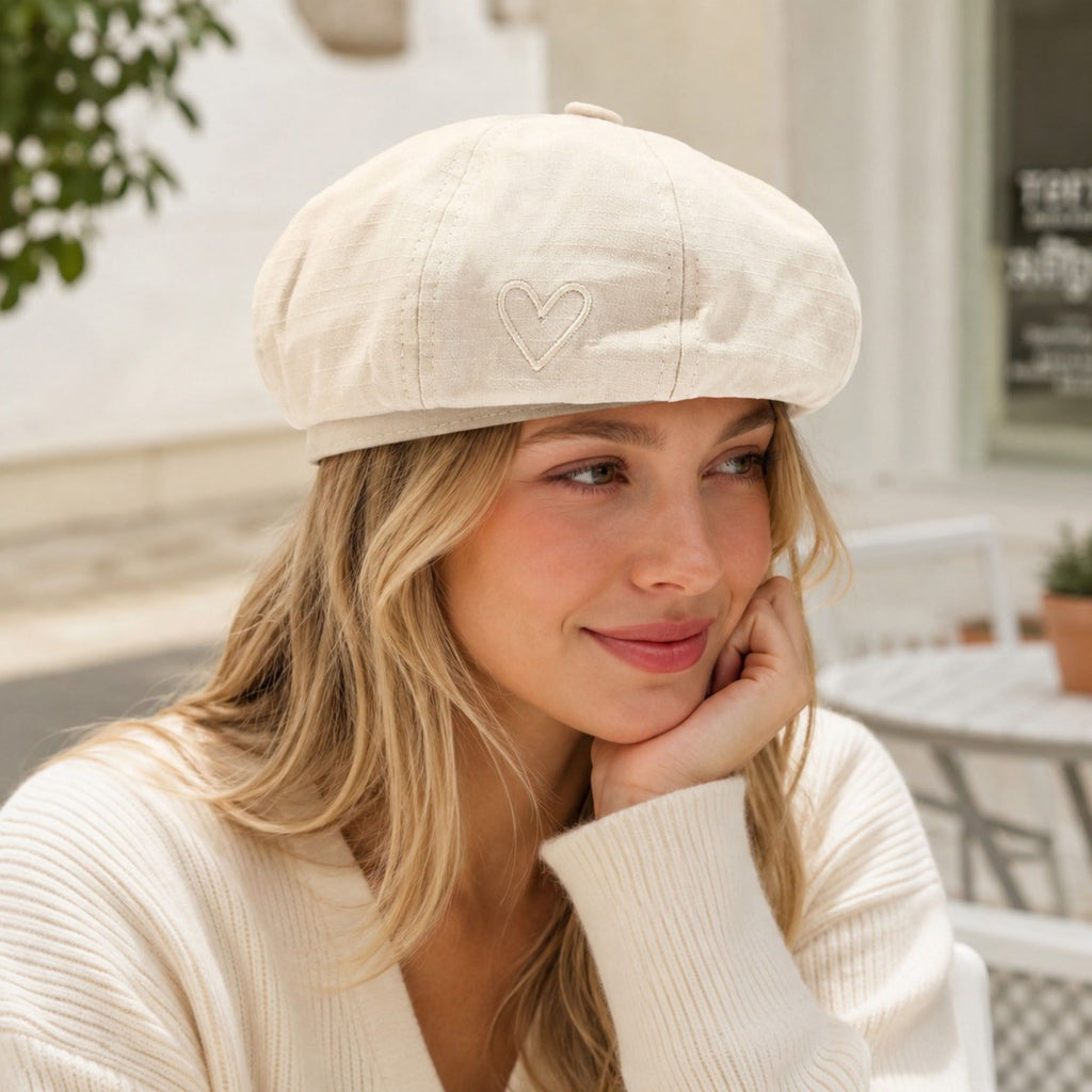 Heart Embroidered Newsboy Cap Textured Baker Boy Hat