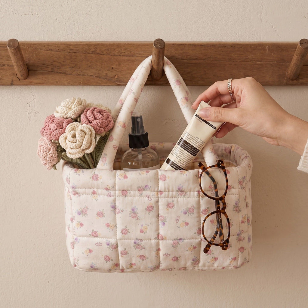 Floral Floral Quilted Storage Basket Tote with Padded Handles