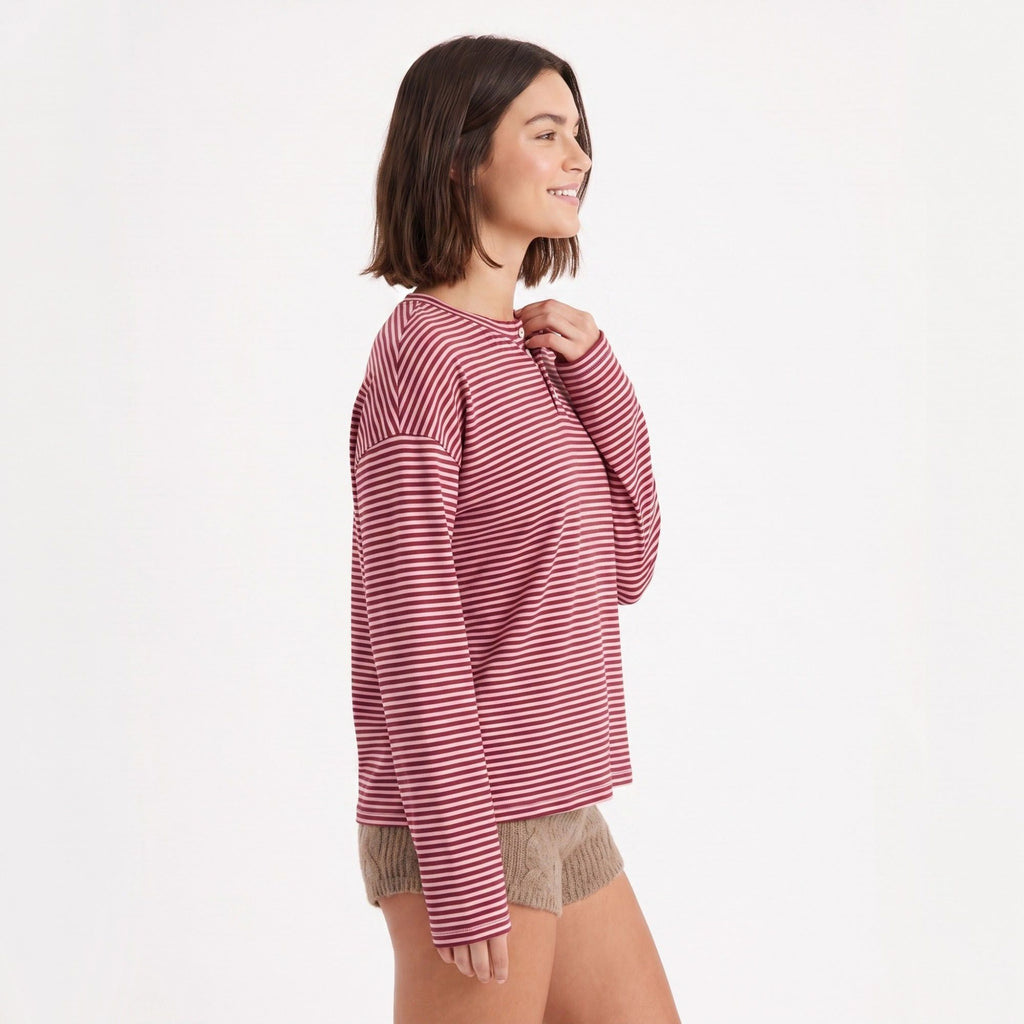 Striped Henley Drop Shoulder Long Sleeve Top