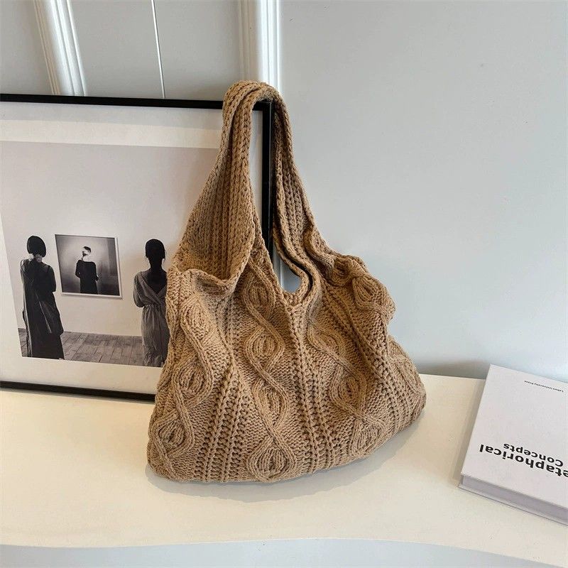 Cable Knit Shoulder Tote Bag Soft Textured Slouchy Lightweight Everyday Carryall