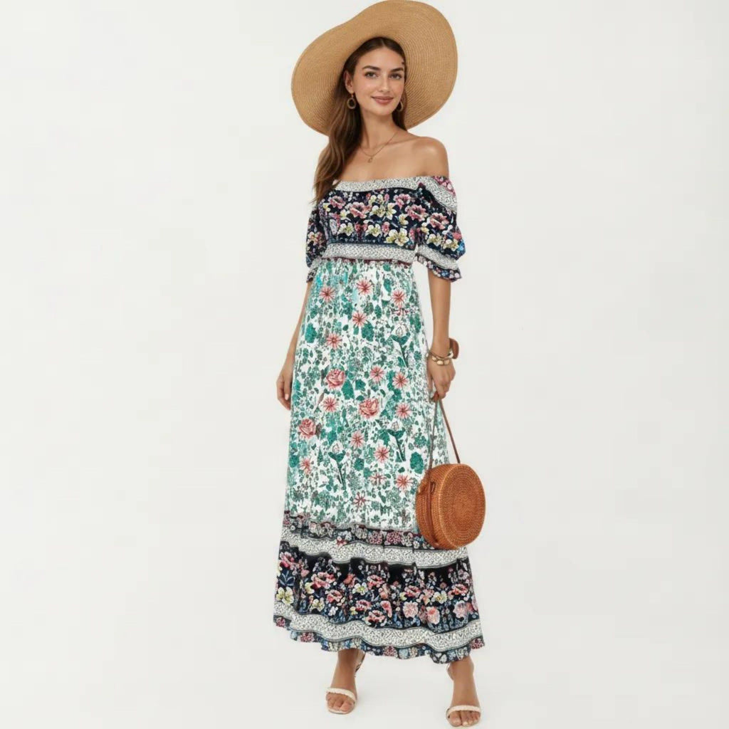 Anna-Kaci Women's Puff Sleeve Maxi Dress with Mixed Floral Print and Border Hem