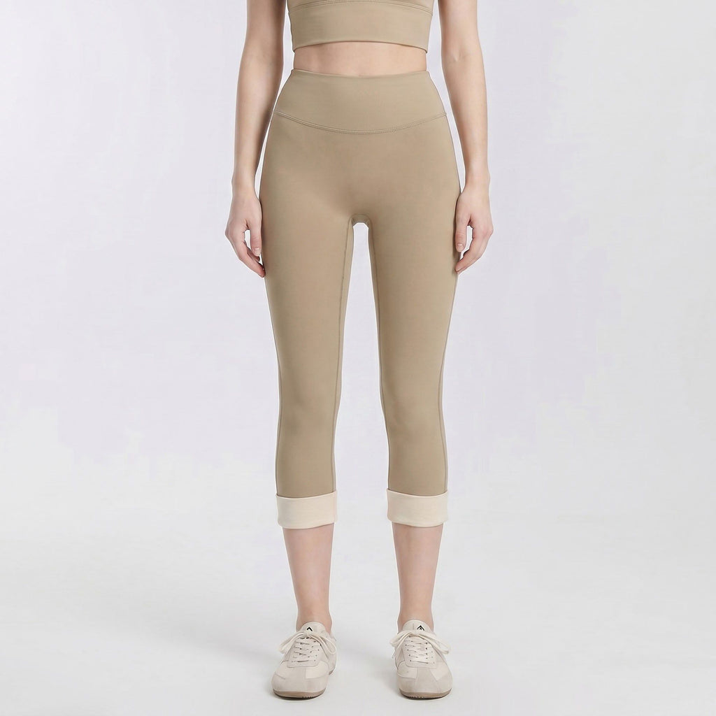 High Waist Capri Leggings with Folded Cuff Hem Wide Waistband Smooth Stretch Yoga Pants