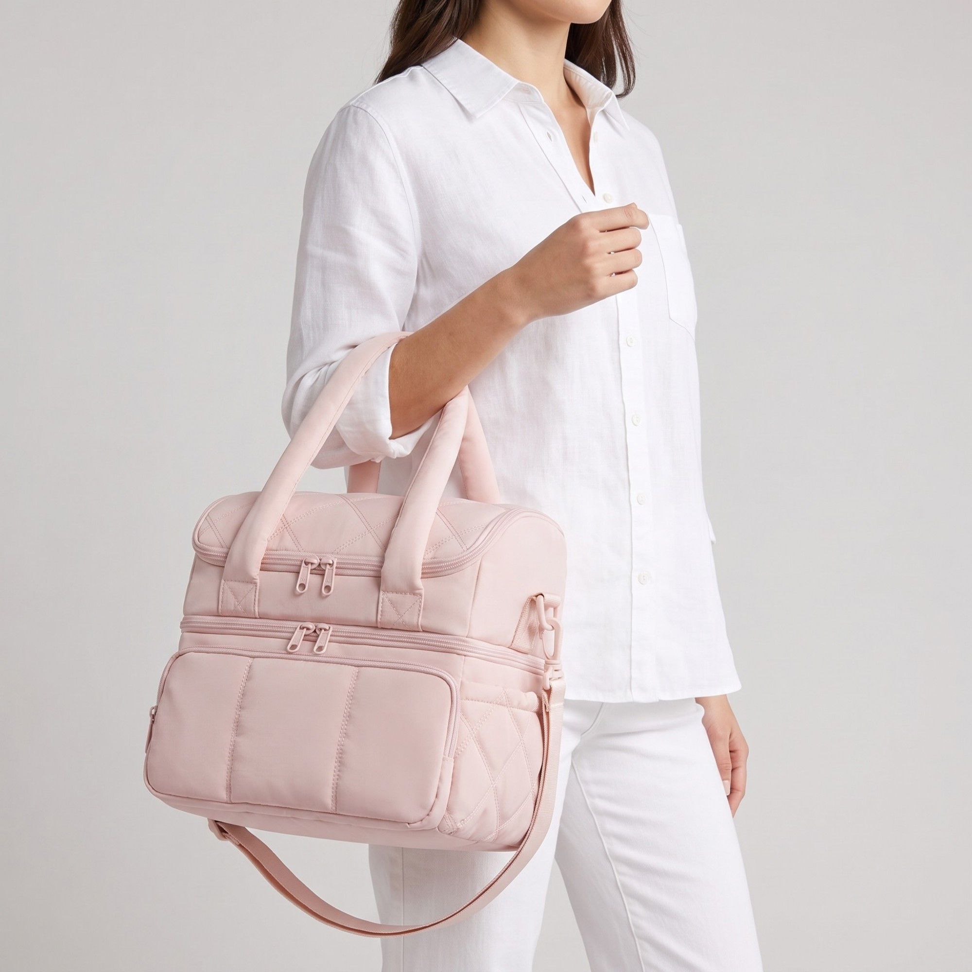Quilted Multi-Compartment Lunch Tote Bag with Padded Top Handles and Detachable Shoulder Strap 10x10x7.1in