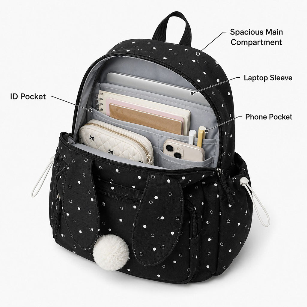 Bunny Ear Backpack with Pom Pom and Multiple Pockets