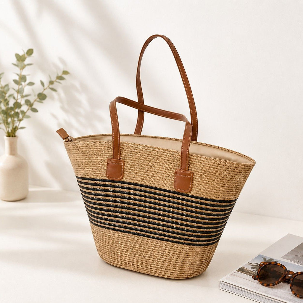 Striped Woven Straw Tote Bag Large Capacity Zip Top Shoulder Carryall Handbag