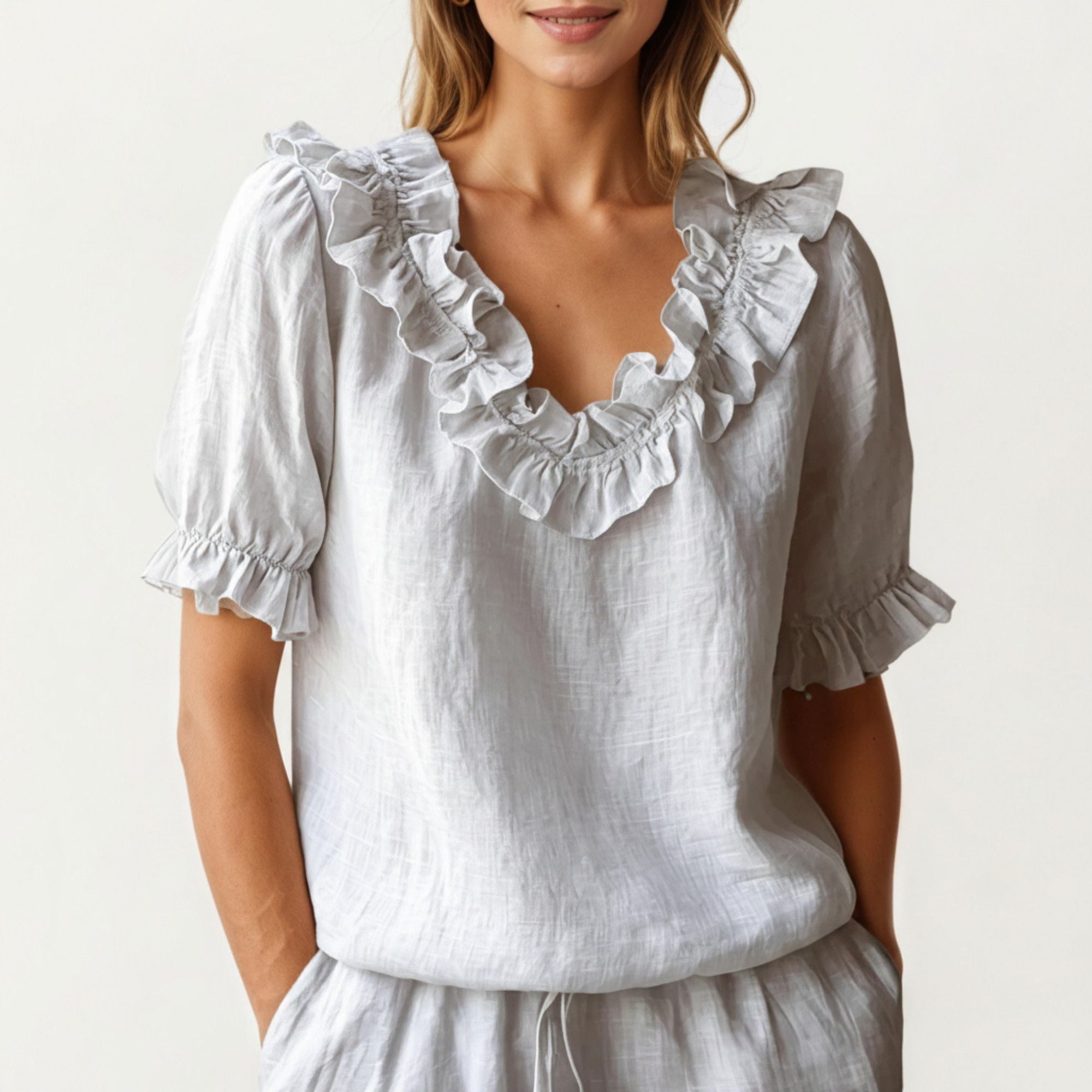 Anna-Kaci Women's Ruffle Neck Blouse with Short Puff Sleeves and Textured Linen-Like Fabric
