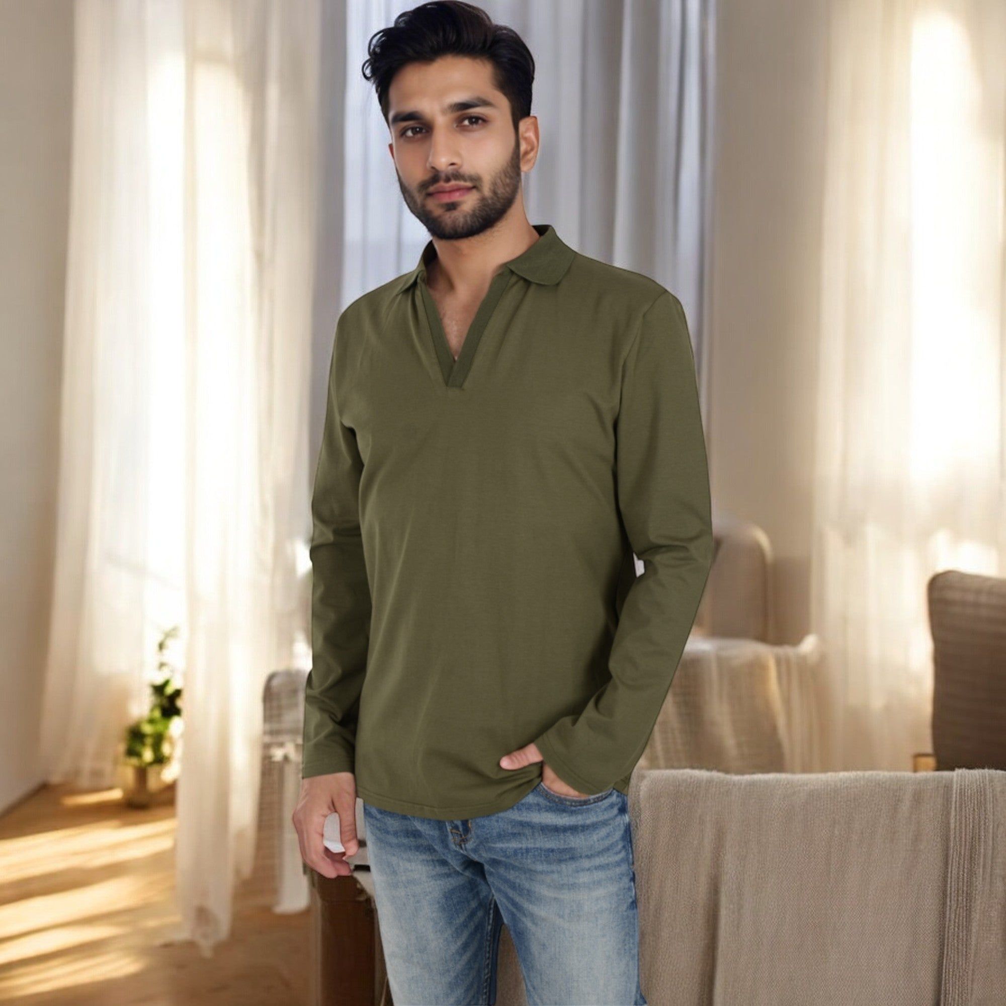 Anna-Kaci Men's Long Sleeve Polo Shirt with Spread Collar and Relaxed Fit