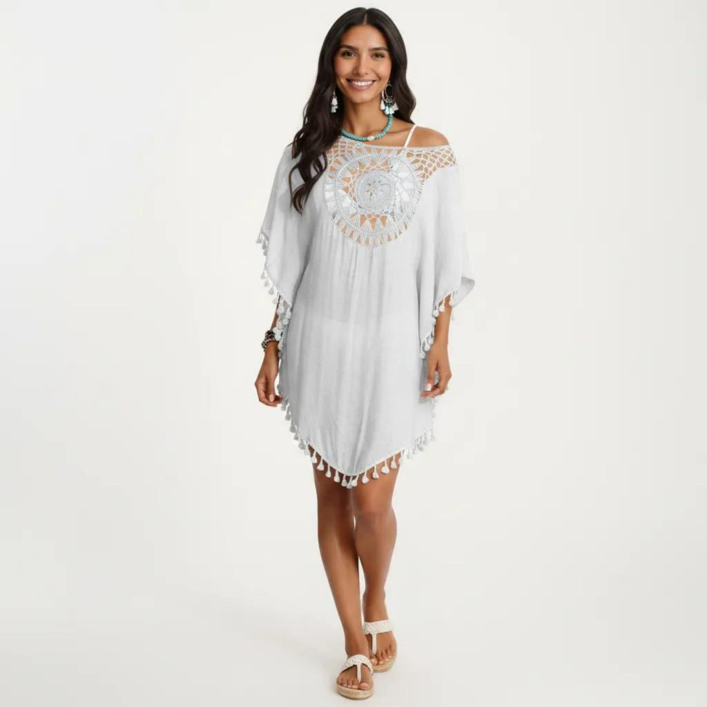 Anna-Kaci Women's Crochet Medallion Swim Cover Up Dress with Tassel Trim and Relaxed Boho Silhouette