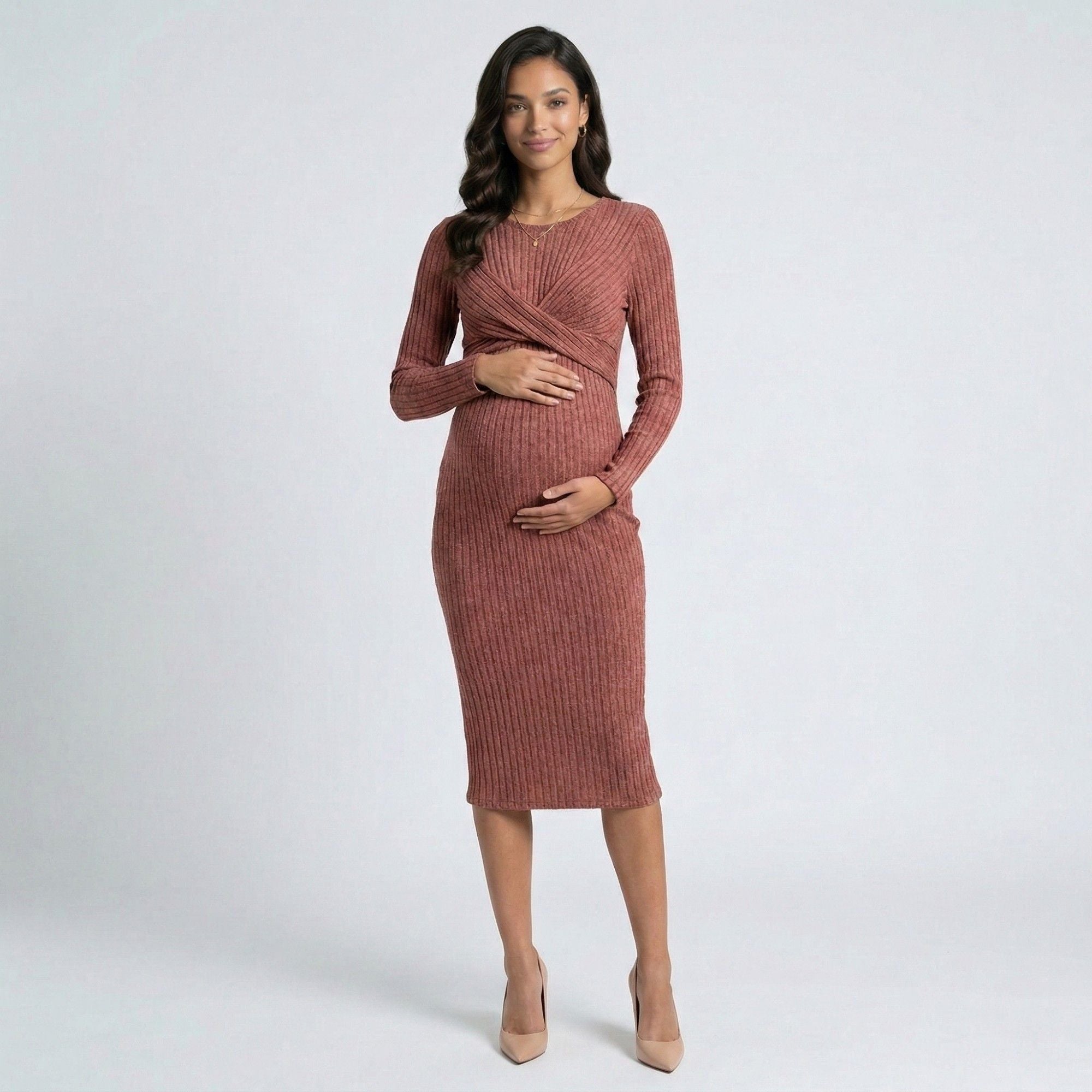 Anna-Kaci Women's Ribbed Knit Bodycon Maternity Dress - Long Sleeve Twist Front Stretch Midi
