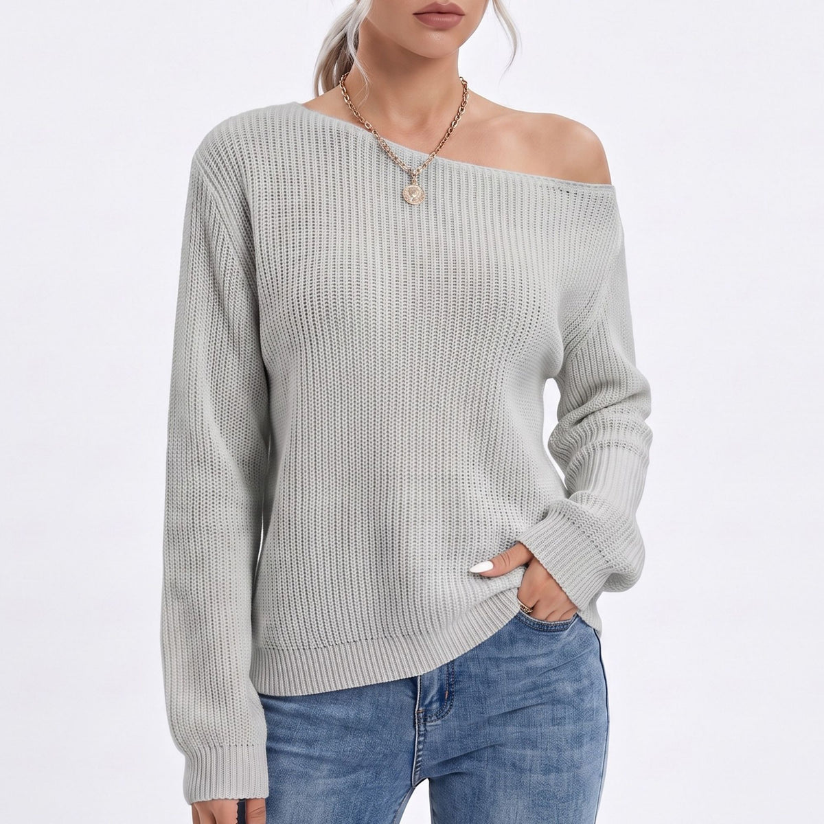 Oversized Off Shoulder Long Sleeve Knit Pullover Sweater