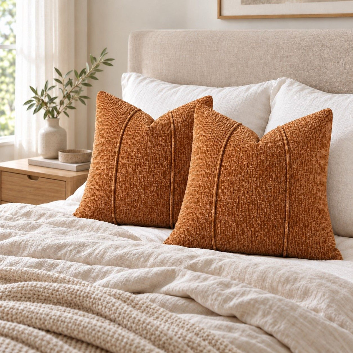 2 Pack Solid Textured Throw Pillow Covers 18 x 18 Inch with Hidden Zipper