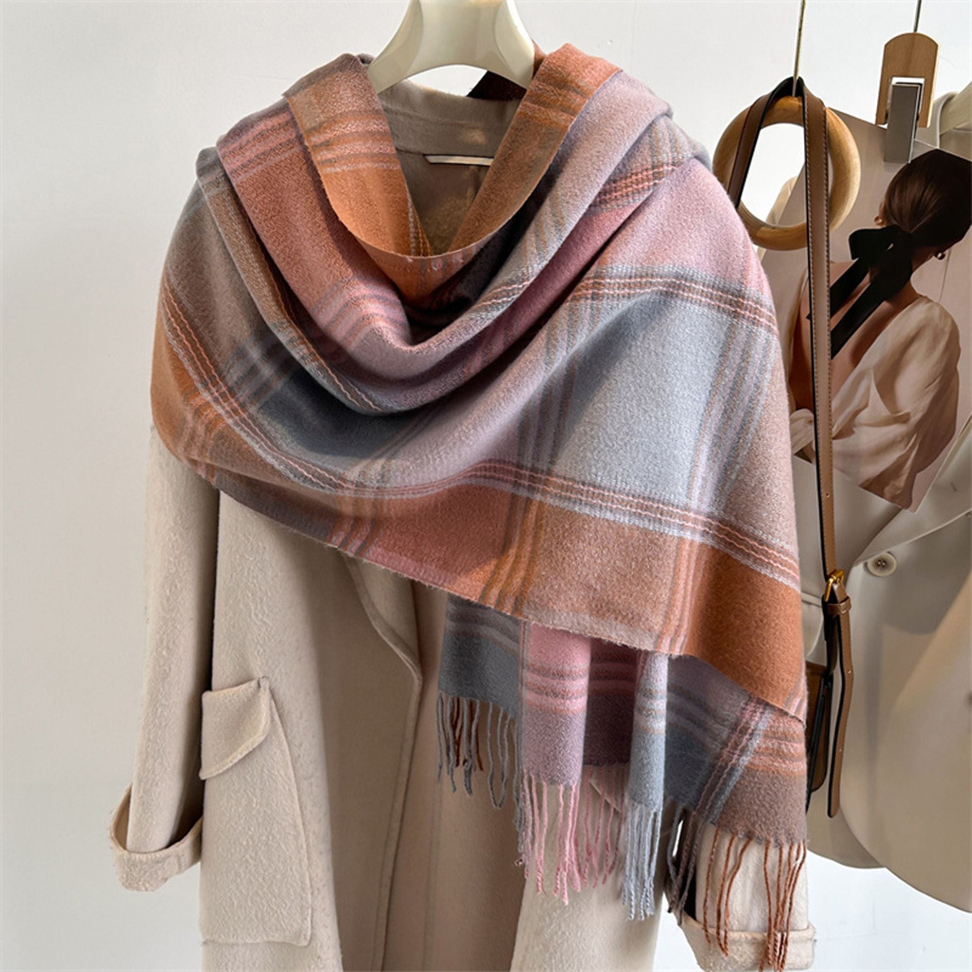 Anna-Kaci Women's Plaid Tassel Trim Faux Cashmere-Like Winter Warm Scarf - 77IN¡Á26IN