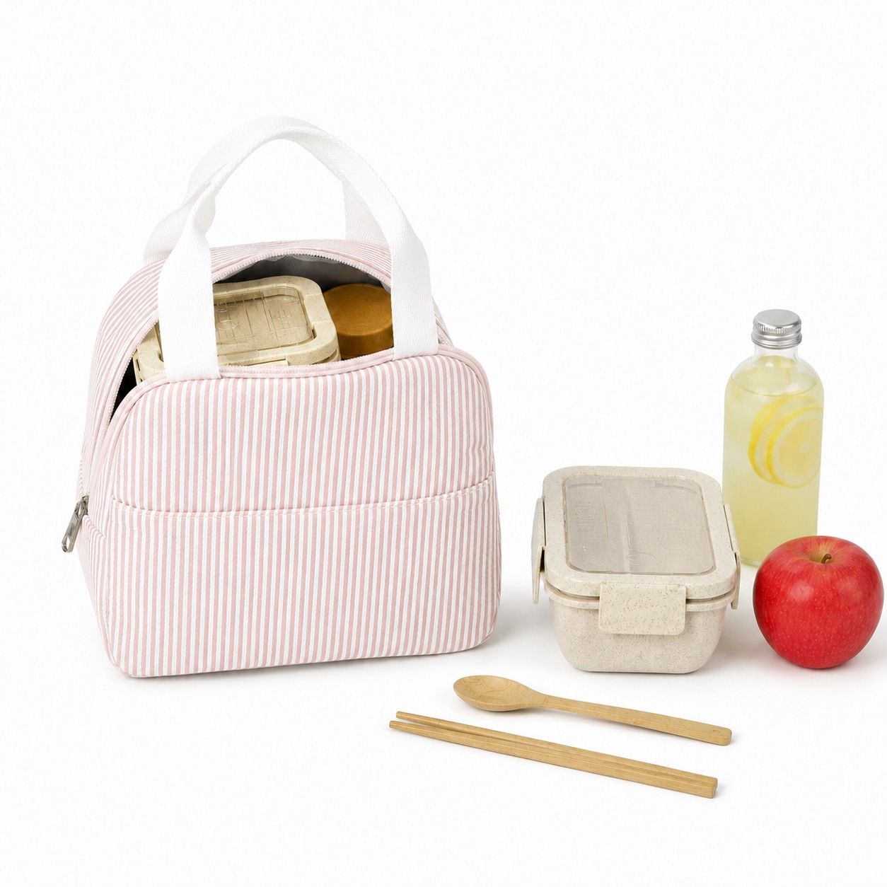 Striped Insulated Lunch Tote Bag with Front Pocket and Zip Closure