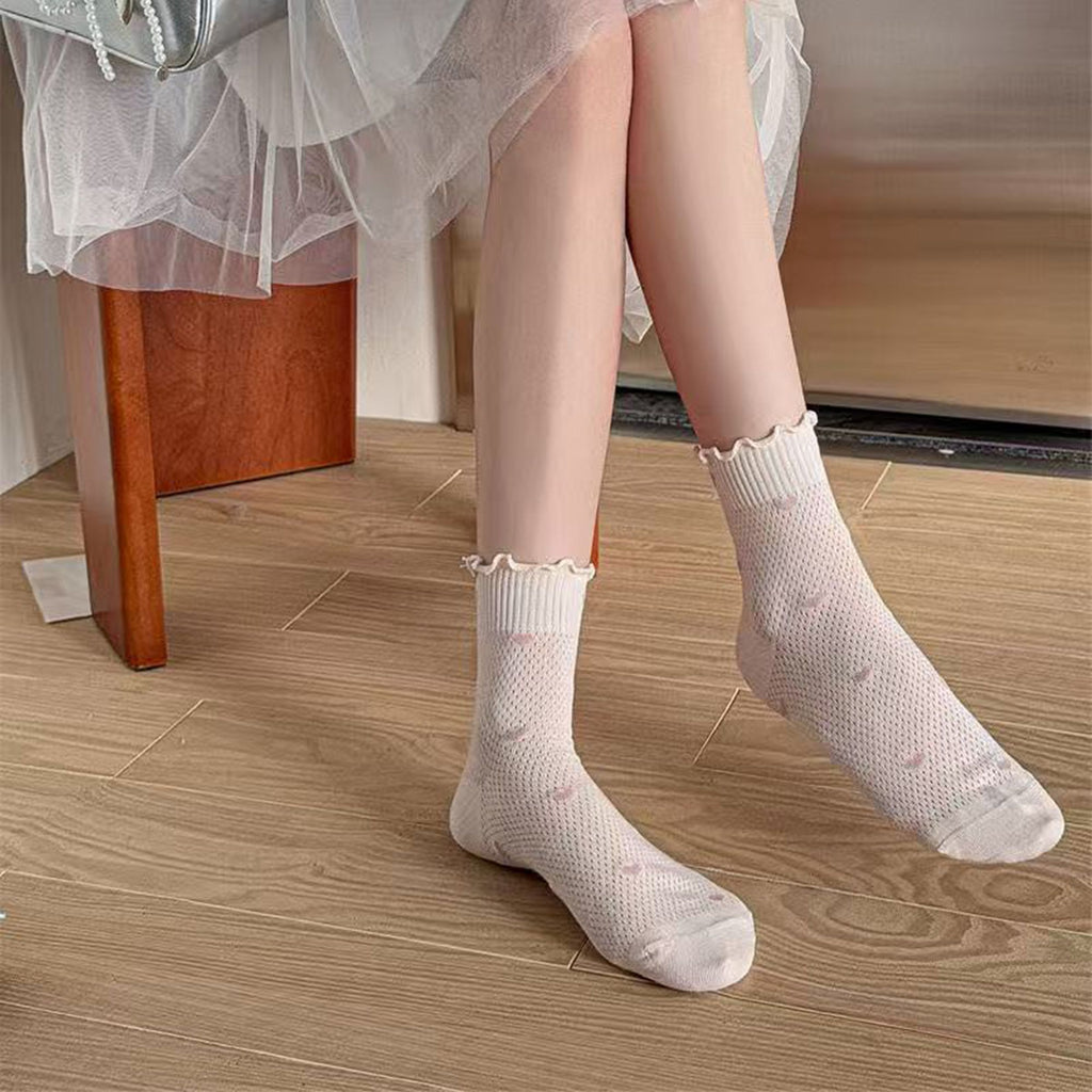 Anna-Kaci Women's 5-Pair Set Frilly Crew Socks with Valentine Heart Pattern and Ruffle Trim Breathable Knit Design for Flats or Loafers