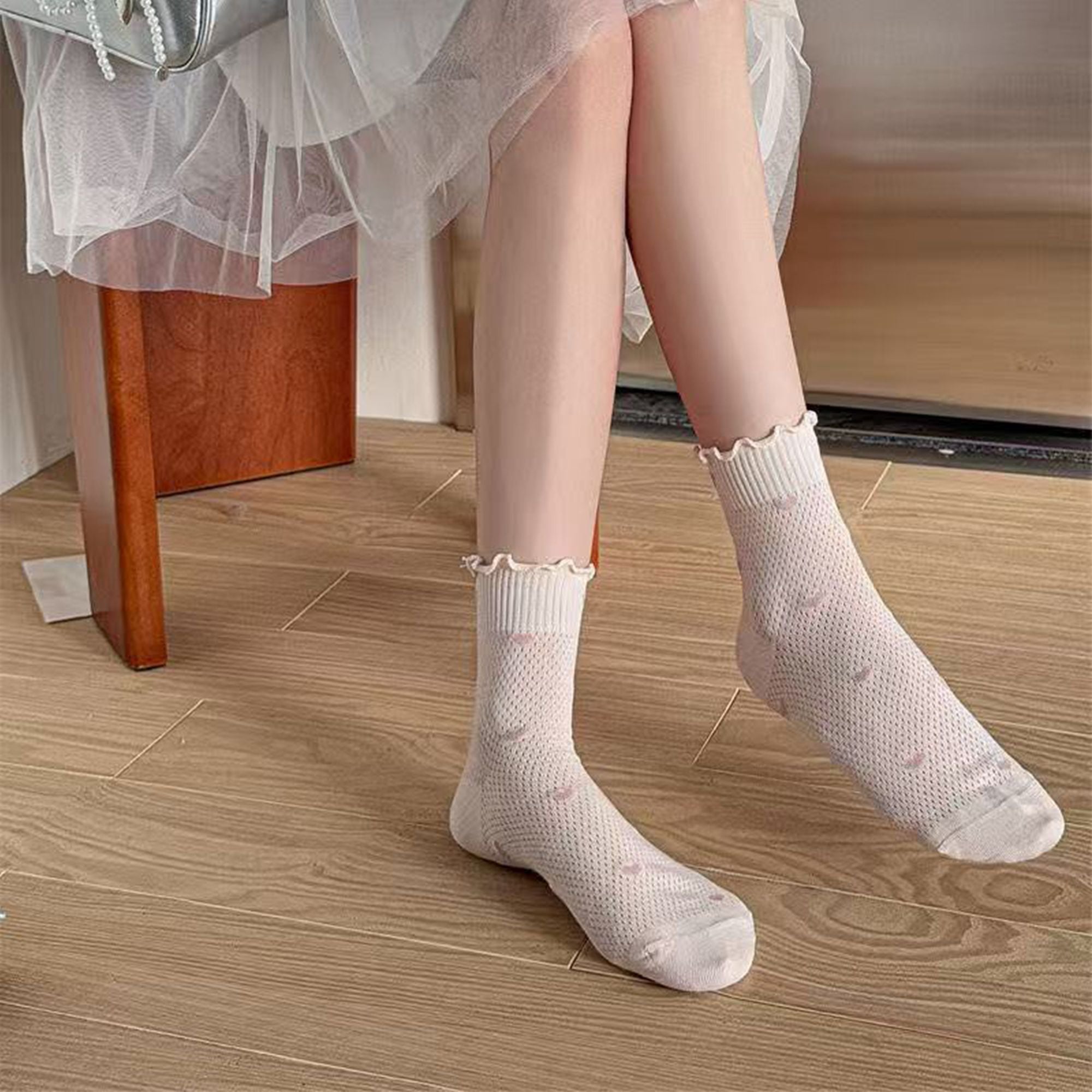 Anna-Kaci Women's 5-Pair Set Frilly Crew Socks with Valentine Heart Pattern and Ruffle Trim Breathable Knit Design for Flats or Loafers