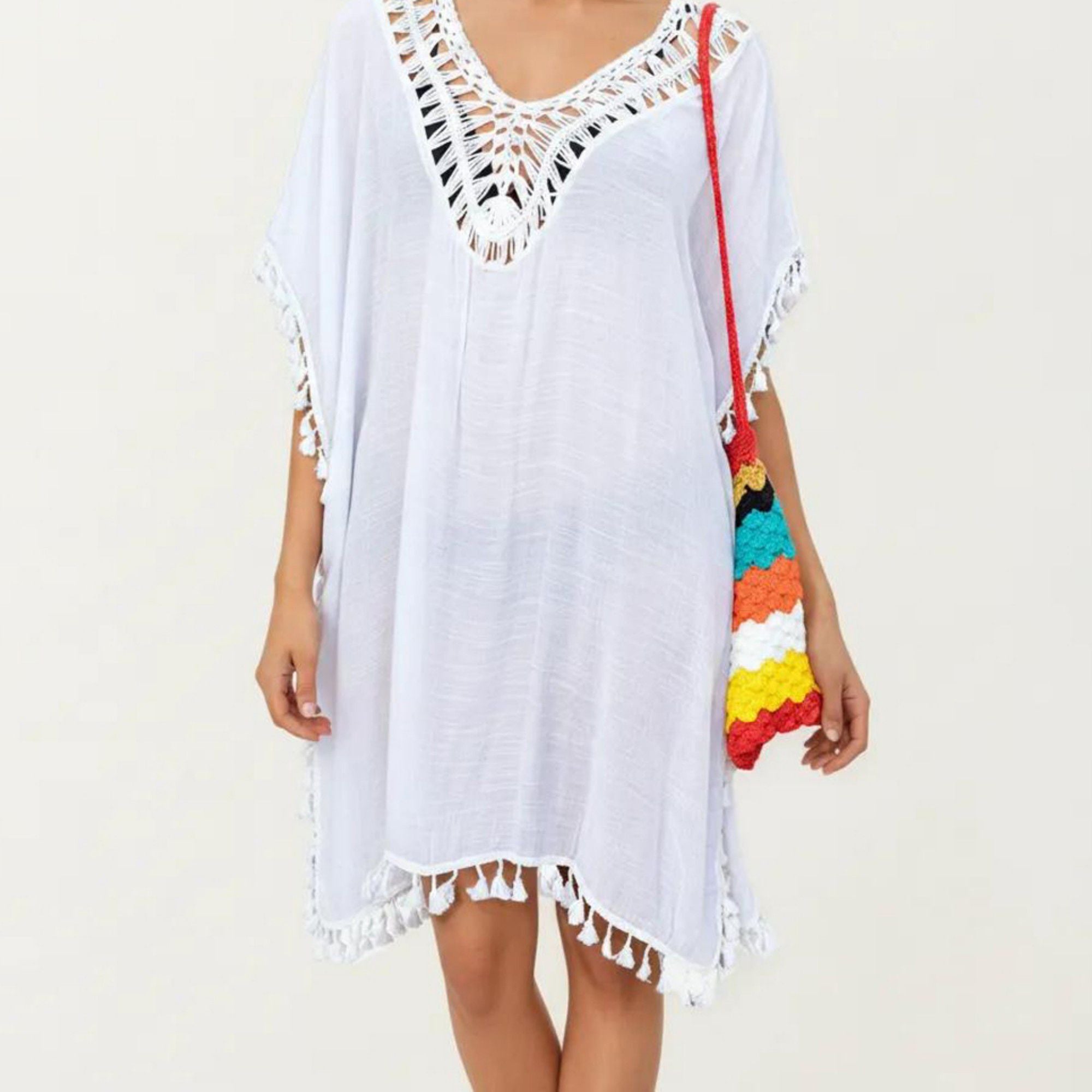 Anna-Kaci Women's Sheer Crochet V Neck Swim Cover Up Poncho with Tassel Trim and Flowy Silhouette