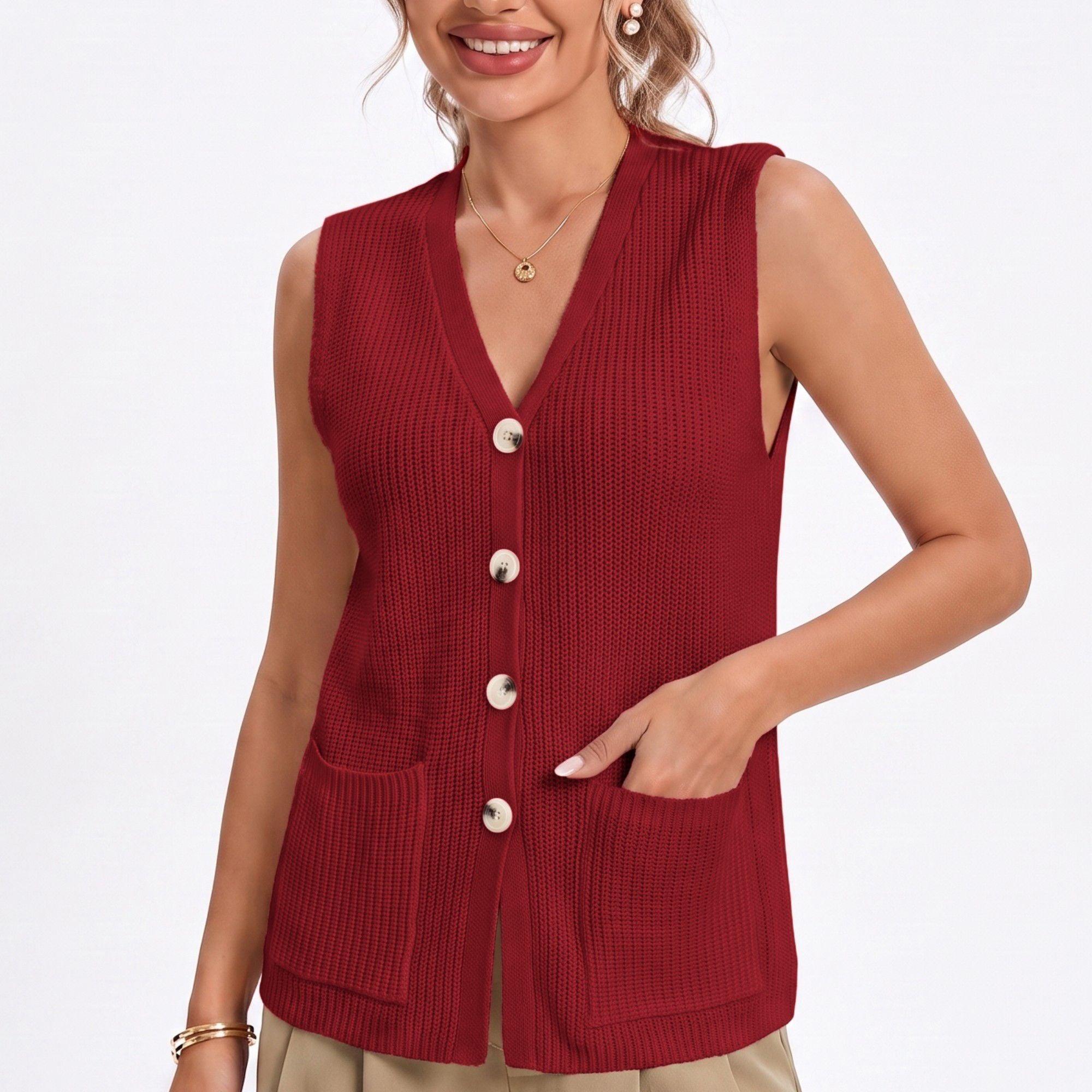 Anna-Kaci Women's Button Front Sweater Vest V Neck Sleeveless Knit Pocket Top