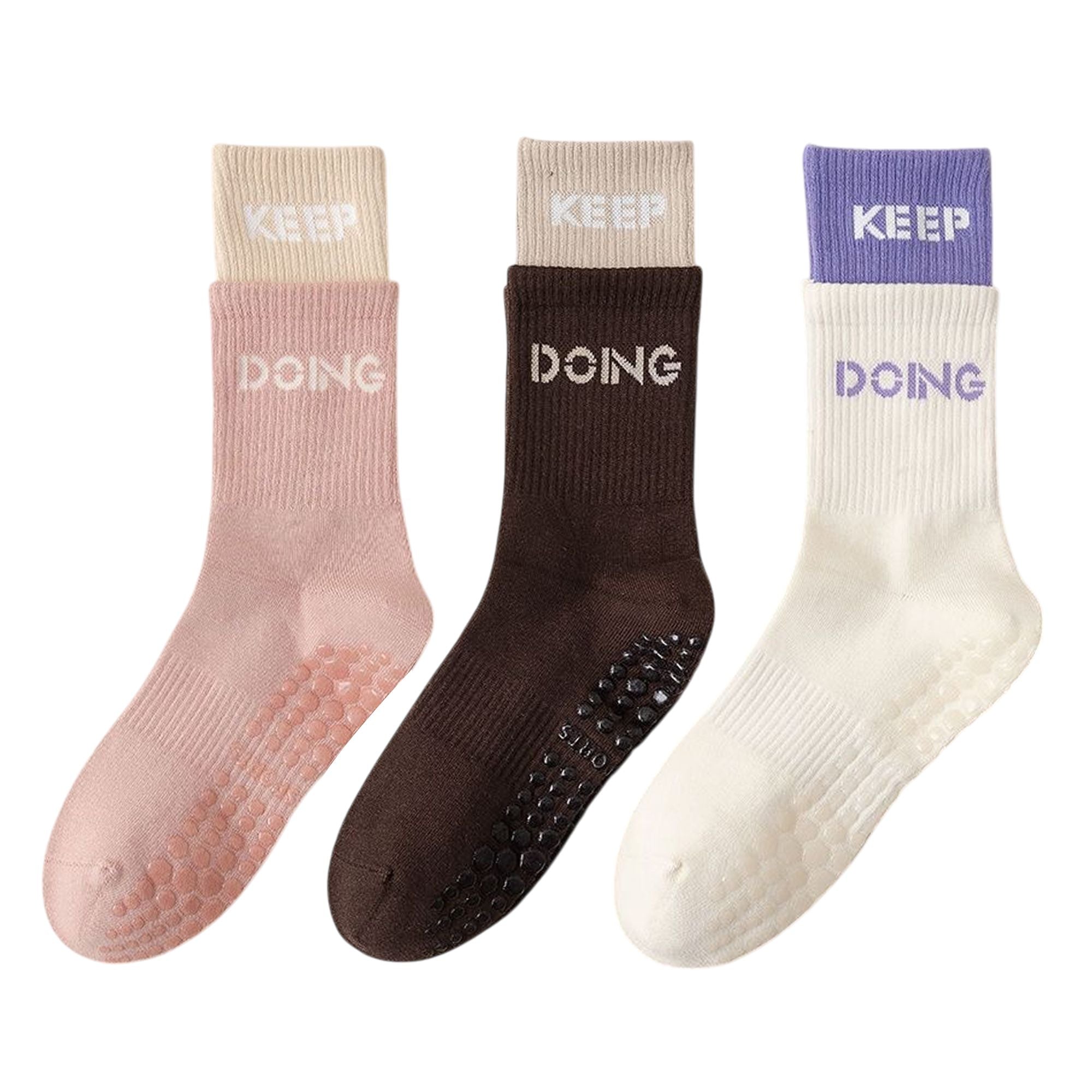 Anna-Kaci Women's 3-Pair Set Mid-Calf Grip Socks with Cushioned Soles and Motivational Text for Yoga Pilates Fitness